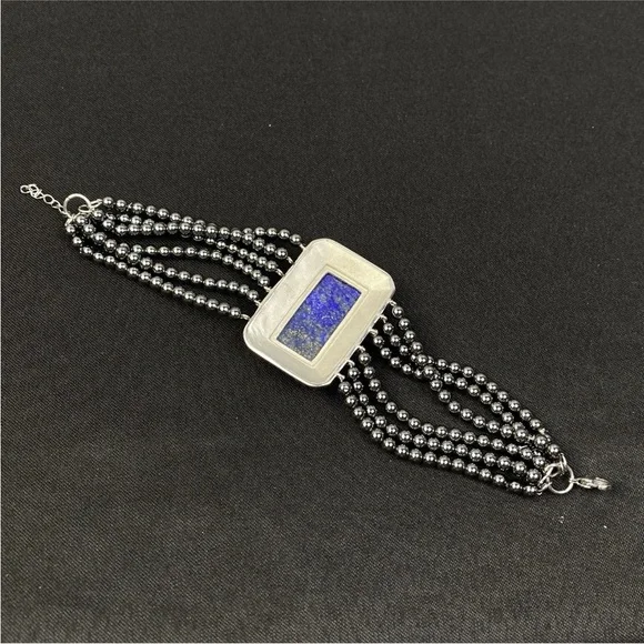 Hanmdade Bracelet Red Blue Enamel Hematite Beads Lapis Lazuli Stone 7" to 8" - Picture 6 of 14